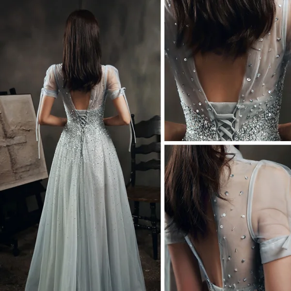 High-end Grey Dancing See-through Prom Dresses 2021 A-Line / Princess High Neck Puffy Short Sleeve Beading Sequins Floor-Length / Long Ruffle Backless Formal Dresses