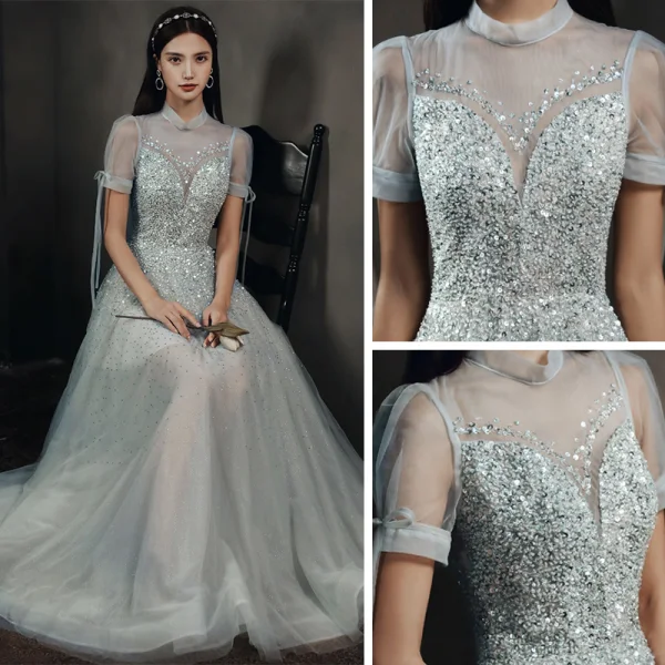 High-end Grey Dancing See-through Prom Dresses 2021 A-Line / Princess High Neck Puffy Short Sleeve Beading Sequins Floor-Length / Long Ruffle Backless Formal Dresses