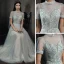 High-end Grey Dancing See-through Prom Dresses 2021 A-Line / Princess High Neck Puffy Short Sleeve Beading Sequins Floor-Length / Long Ruffle Backless Formal Dresses