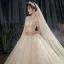 Vintage / Originale Champagne Transparentes La Mariée Robe De Mariée 2021 Robe Boule Col Haut Manches Courtes Dos Nu Appliques En Dentelle Perlage Paillettes Cathedral Train Volants