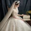 Vintage / Originale Champagne Transparentes La Mariée Robe De Mariée 2021 Robe Boule Col Haut Manches Courtes Dos Nu Appliques En Dentelle Perlage Paillettes Cathedral Train Volants