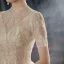Vintage / Originale Champagne Transparentes La Mariée Robe De Mariée 2021 Robe Boule Col Haut Manches Courtes Dos Nu Appliques En Dentelle Perlage Paillettes Cathedral Train Volants