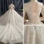 Vintage / Originale Champagne Transparentes La Mariée Robe De Mariée 2021 Robe Boule Col Haut Manches Courtes Dos Nu Appliques En Dentelle Perlage Paillettes Cathedral Train Volants