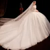 Vintage / Retro Ivory See-through Bridal Wedding Dresses 2021 Ball Gown High Neck Long Sleeve Backless Appliques Lace Beading Pearl Cathedral Train Ruffle