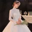 Vintage / Retro Ivory See-through Bridal Wedding Dresses 2021 Ball Gown High Neck Long Sleeve Backless Appliques Lace Beading Pearl Cathedral Train Ruffle