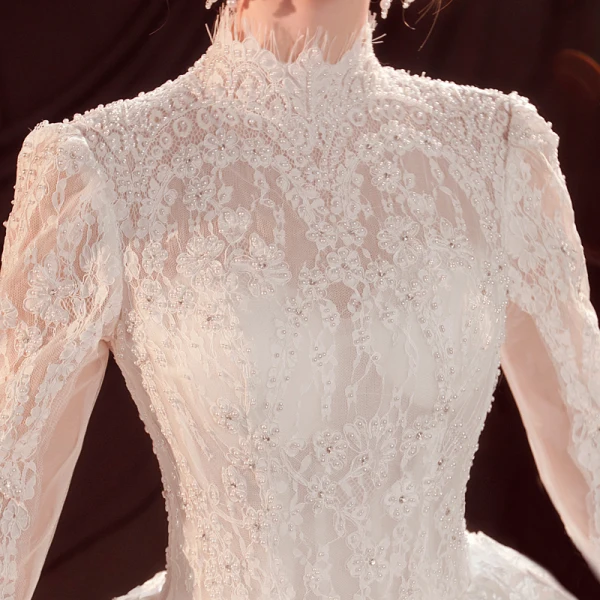 Vintage / Retro Ivory See-through Bridal Wedding Dresses 2021 Ball Gown High Neck Long Sleeve Backless Appliques Lace Beading Pearl Cathedral Train Ruffle