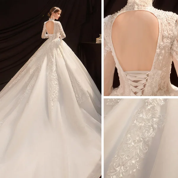 Vintage / Retro Ivory See-through Bridal Wedding Dresses 2021 Ball Gown High Neck Long Sleeve Backless Appliques Lace Beading Pearl Cathedral Train Ruffle