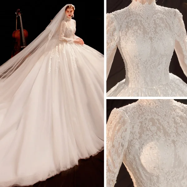 Vintage / Retro Ivory See-through Bridal Wedding Dresses 2021 Ball Gown High Neck Long Sleeve Backless Appliques Lace Beading Pearl Cathedral Train Ruffle