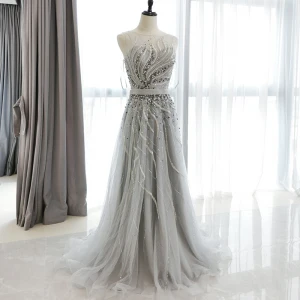 High End Grey Red Carpet Evening Dresses 2021 A Line Princess See Through Scoop Neck Sleeveless Beading Sequins Sash Floor Length Long Ruffle Formal Dresses