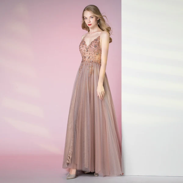 Illusion Perle Rose Transparentes Dansant Robe De Bal 2021 Princesse Bretelles Spaghetti Sans Manches Perlage Faux Diamant Fendue devant Longue Volants Dos Nu Robe De Ceremonie