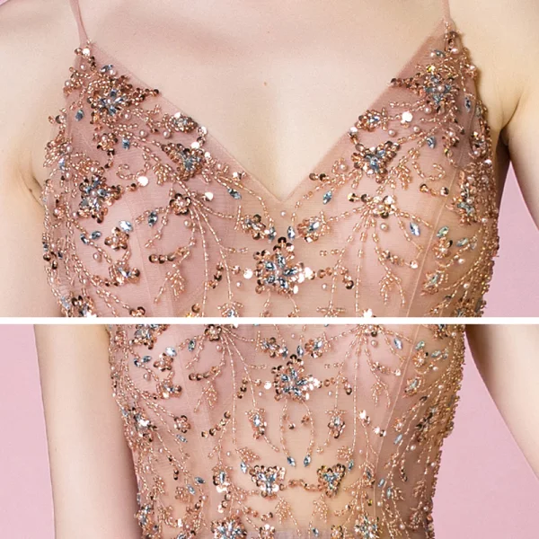 Illusion Perle Rose Transparentes Dansant Robe De Bal 2021 Princesse Bretelles Spaghetti Sans Manches Perlage Faux Diamant Fendue devant Longue Volants Dos Nu Robe De Ceremonie