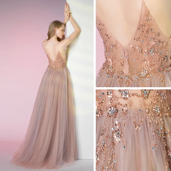 Illusion Perle Rose Transparentes Dansant Robe De Bal 2021 Princesse Bretelles Spaghetti Sans Manches Perlage Faux Diamant Fendue devant Longue Volants Dos Nu Robe De Ceremonie