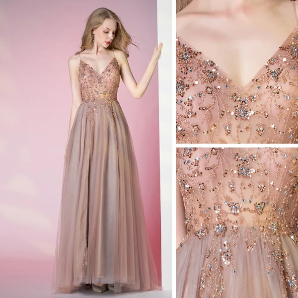Illusion Perle Rose Transparentes Dansant Robe De Bal 2021 Princesse Bretelles Spaghetti Sans Manches Perlage Faux Diamant Fendue devant Longue Volants Dos Nu Robe De Ceremonie