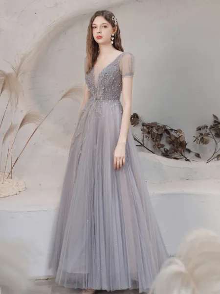 Illusion Grey See-through Dancing Prom Dresses 2021 A-line   Princess 