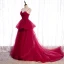 Elegant Burgundy Corset Prom Dresses 2021 Ball Gown Spaghetti Straps Sleeveless Court Train Ruffle Backless Formal Dresses