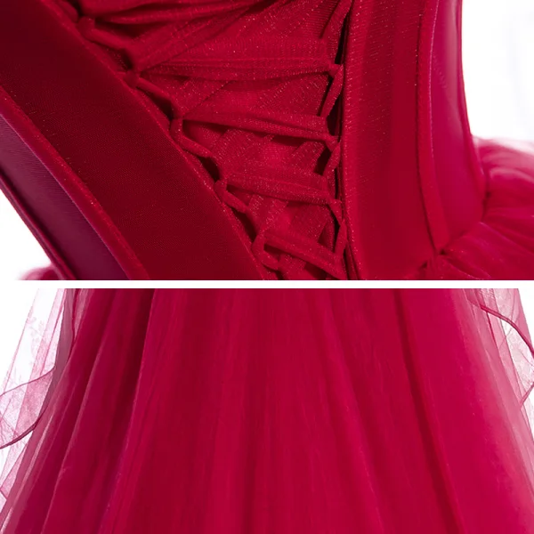 Elegant Burgundy Corset Prom Dresses 2021 Ball Gown Spaghetti Straps Sleeveless Court Train Ruffle Backless Formal Dresses