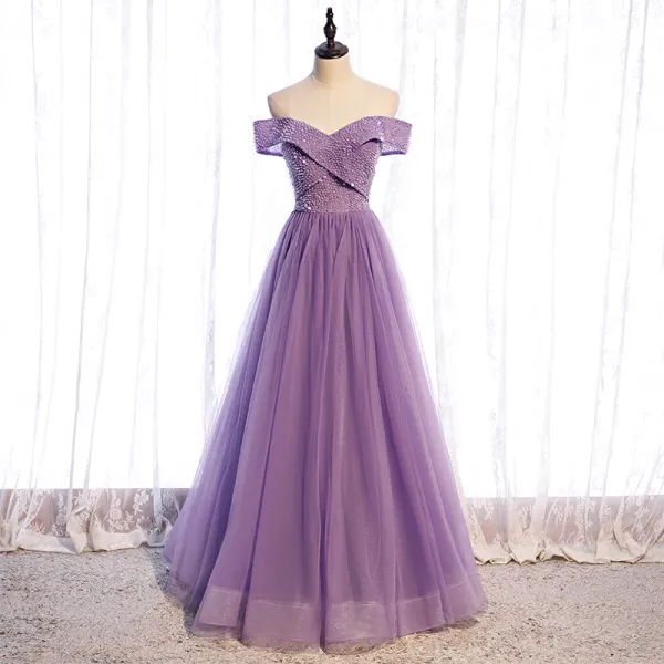 Best Grape Dancing Prom Dresses 2021 A-Line / Princess Off-The-Shoulder Short Sleeve Sequins Beading Floor-Length / Long Ruffle Backless Formal Dresses