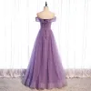Best Grape Dancing Prom Dresses 2021 A-Line / Princess Off-The-Shoulder Short Sleeve Sequins Beading Floor-Length / Long Ruffle Backless Formal Dresses