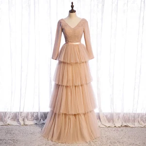 Chic Beautiful Champagne Winter Evening Dresses 2021 A Line Princess V Neck Long Sleeve Sash Floor Length Long Cascading Ruffles Backless Formal Dresses