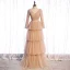 Chic / Beautiful Champagne Winter Evening Dresses  2021 A-Line / Princess V-Neck Long Sleeve Sash Floor-Length / Long Cascading Ruffles Backless Formal Dresses
