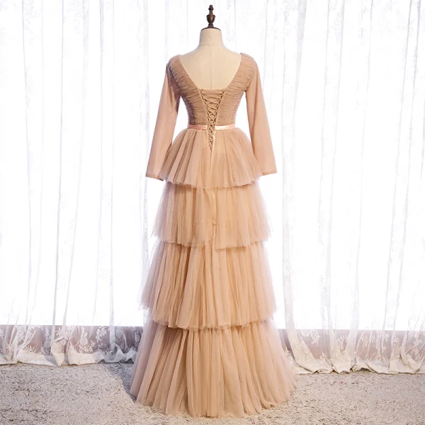 Chic / Beautiful Champagne Winter Evening Dresses  2021 A-Line / Princess V-Neck Long Sleeve Sash Floor-Length / Long Cascading Ruffles Backless Formal Dresses
