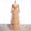 Chic / Beautiful Champagne Winter Evening Dresses  2021 A-Line / Princess V-Neck Long Sleeve Sash Floor-Length / Long Cascading Ruffles Backless Formal Dresses