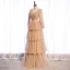 Chic / Beautiful Champagne Winter Evening Dresses  2021 A-Line / Princess V-Neck Long Sleeve Sash Floor-Length / Long Cascading Ruffles Backless Formal Dresses