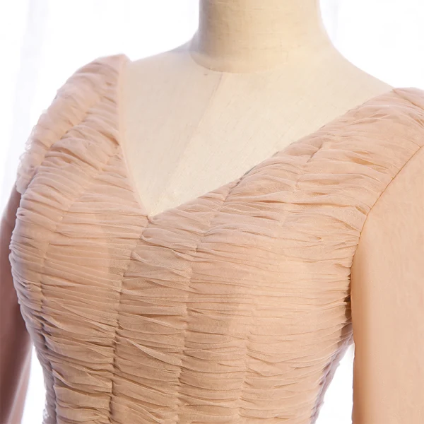 Chic / Beautiful Champagne Winter Evening Dresses  2021 A-Line / Princess V-Neck Long Sleeve Sash Floor-Length / Long Cascading Ruffles Backless Formal Dresses