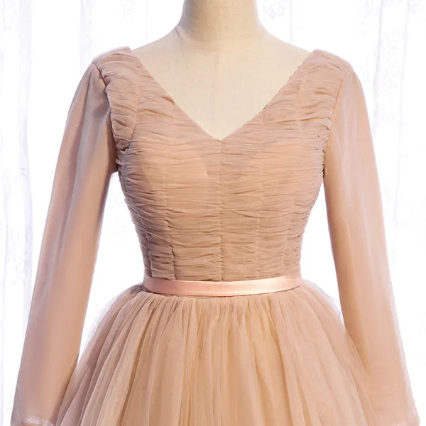 Chic / Beautiful Champagne Winter Evening Dresses  2021 A-Line / Princess V-Neck Long Sleeve Sash Floor-Length / Long Cascading Ruffles Backless Formal Dresses