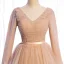 Chic / Beautiful Champagne Winter Evening Dresses  2021 A-Line / Princess V-Neck Long Sleeve Sash Floor-Length / Long Cascading Ruffles Backless Formal Dresses