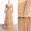 Chic / Beautiful Champagne Winter Evening Dresses  2021 A-Line / Princess V-Neck Long Sleeve Sash Floor-Length / Long Cascading Ruffles Backless Formal Dresses