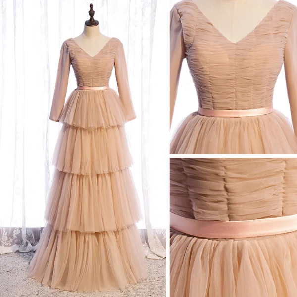 Chic / Beautiful Champagne Winter Evening Dresses  2021 A-Line / Princess V-Neck Long Sleeve Sash Floor-Length / Long Cascading Ruffles Backless Formal Dresses