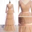 Chic / Beautiful Champagne Winter Evening Dresses  2021 A-Line / Princess V-Neck Long Sleeve Sash Floor-Length / Long Cascading Ruffles Backless Formal Dresses