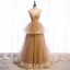 Chic / Beautiful Champagne Corset Prom Dresses 2021 Ball Gown Spaghetti Straps Sleeveless Court Train Ruffle Backless Formal Dresses