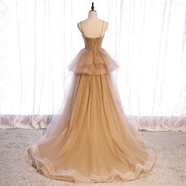 Chic / Beautiful Champagne Corset Prom Dresses 2021 Ball Gown Spaghetti Straps Sleeveless Court Train Ruffle Backless Formal Dresses