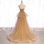 Chic / Beautiful Champagne Corset Prom Dresses 2021 Ball Gown Spaghetti Straps Sleeveless Court Train Ruffle Backless Formal Dresses