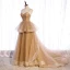 Chic / Beautiful Champagne Corset Prom Dresses 2021 Ball Gown Spaghetti Straps Sleeveless Court Train Ruffle Backless Formal Dresses