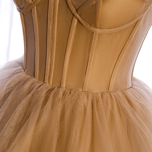 Chic / Beautiful Champagne Corset Prom Dresses 2021 Ball Gown Spaghetti Straps Sleeveless Court Train Ruffle Backless Formal Dresses