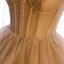 Chic / Beautiful Champagne Corset Prom Dresses 2021 Ball Gown Spaghetti Straps Sleeveless Court Train Ruffle Backless Formal Dresses
