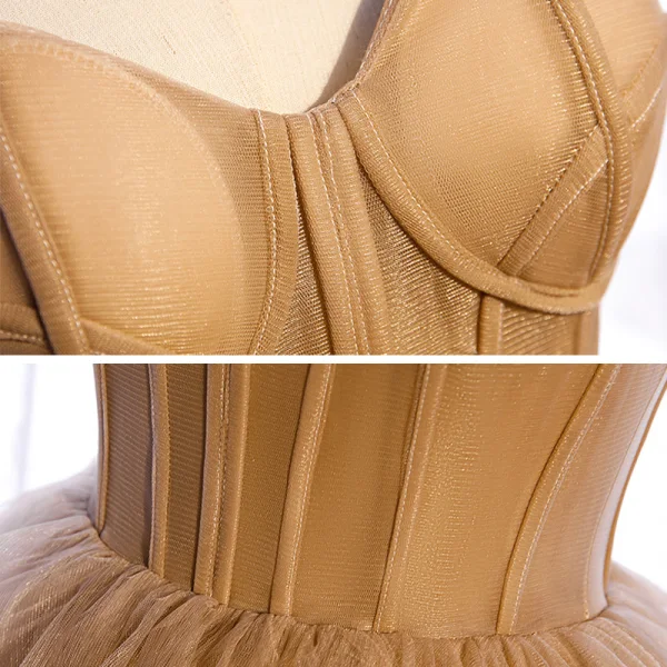 Chic / Beautiful Champagne Corset Prom Dresses 2021 Ball Gown Spaghetti Straps Sleeveless Court Train Ruffle Backless Formal Dresses