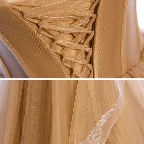 Chic / Beautiful Champagne Corset Prom Dresses 2021 Ball Gown Spaghetti Straps Sleeveless Court Train Ruffle Backless Formal Dresses