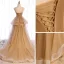 Chic / Beautiful Champagne Corset Prom Dresses 2021 Ball Gown Spaghetti Straps Sleeveless Court Train Ruffle Backless Formal Dresses