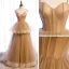 Chic / Beautiful Champagne Corset Prom Dresses 2021 Ball Gown Spaghetti Straps Sleeveless Court Train Ruffle Backless Formal Dresses