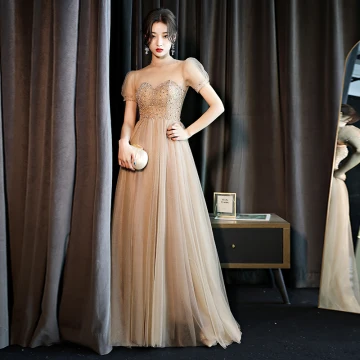 Vintage Retro Gold See Through Dancing Prom Dresses 2021 A Line Princess High Neck Short Sleeve Beading Rhinestone Floor Length Long Ruffle Backless Formal Dresses