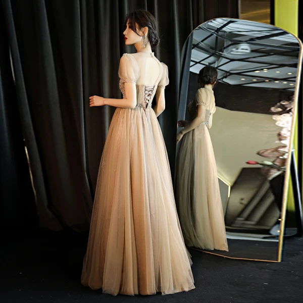 Vintage / Retro Gold See-through Dancing Prom Dresses 2021 A-Line / Princess High Neck Short Sleeve Beading Rhinestone Floor-Length / Long Ruffle Backless Formal Dresses