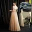 Vintage / Retro Gold See-through Dancing Prom Dresses 2021 A-Line / Princess High Neck Short Sleeve Beading Rhinestone Floor-Length / Long Ruffle Backless Formal Dresses