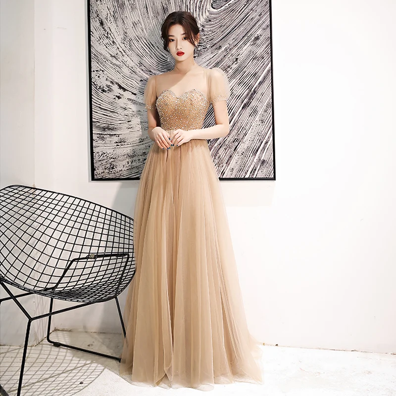 Vintage Retro Gold See Through Dancing Prom Dresses 2021 A Line Princess  High Neck Short Sleeve Beading Rhinestone Floor Length Long Ruffle Backless Formal  Dresses