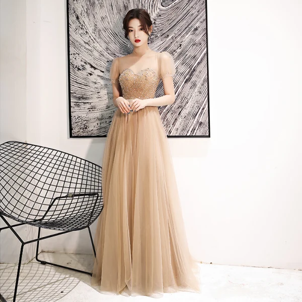 Vintage / Retro Gold See-through Dancing Prom Dresses 2021 A-Line / Princess High Neck Short Sleeve Beading Rhinestone Floor-Length / Long Ruffle Backless Formal Dresses