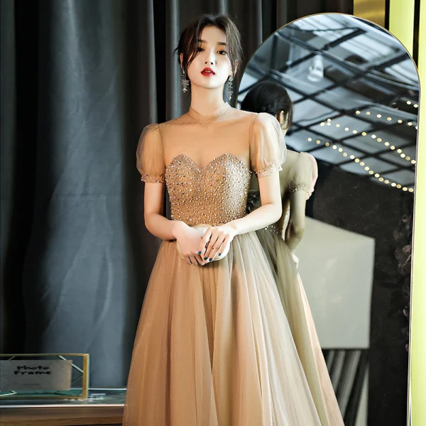 Vintage / Retro Gold See-through Dancing Prom Dresses 2021 A-Line / Princess High Neck Short Sleeve Beading Rhinestone Floor-Length / Long Ruffle Backless Formal Dresses