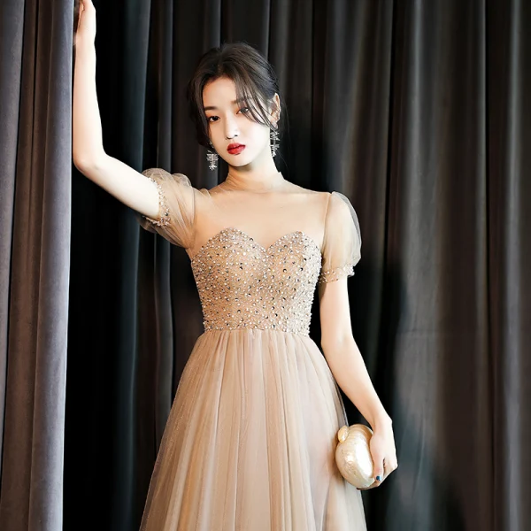 Vintage / Retro Gold See-through Dancing Prom Dresses 2021 A-Line / Princess High Neck Short Sleeve Beading Rhinestone Floor-Length / Long Ruffle Backless Formal Dresses